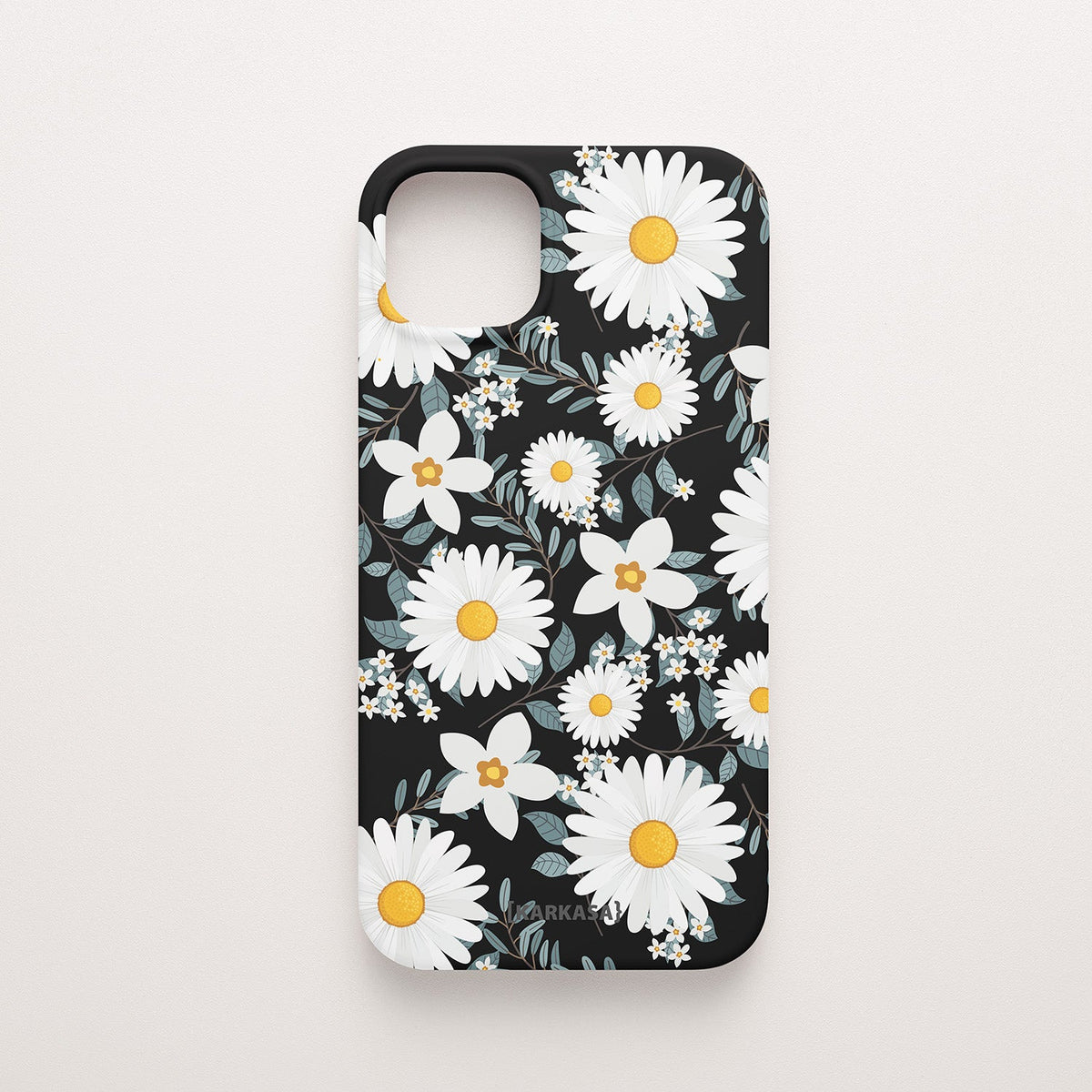 Funda KARKASA Silk Touch negra con estampado denso de pequeñas margaritas blancas y amarillas. Carcasa diseño floral silvestre.