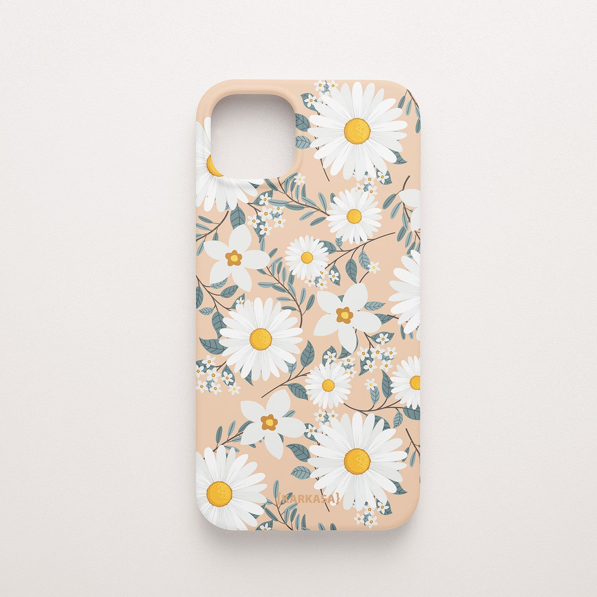 Funda KARKASA Silk Touch rosa nude con estampado denso de pequeñas margaritas blancas y amarillas. Carcasa diseño floral silvestre.
