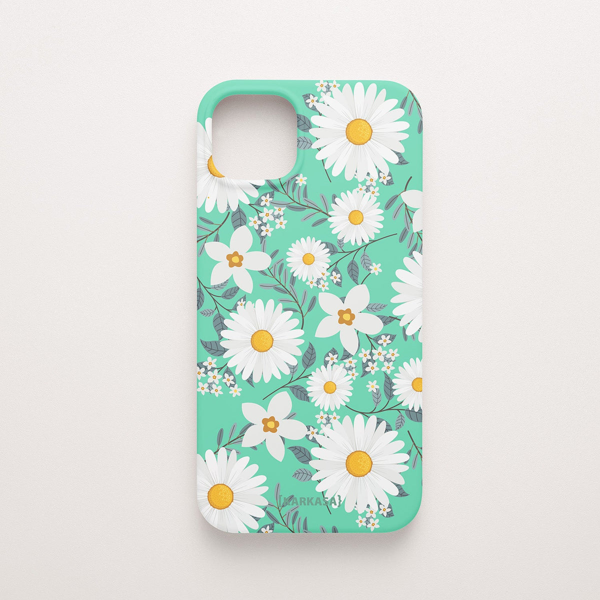 Funda KARKASA Silk Touch verde menta con estampado denso de pequeñas margaritas blancas y amarillas. Carcasa diseño floral silvestre.