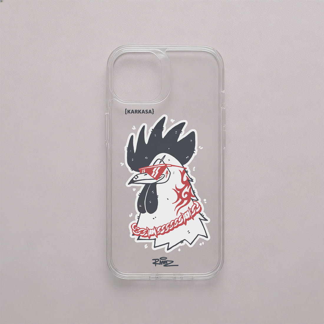 Funda de móvil transparente con el Galo de A Granxa, ilustración de RAMAZ con gafas de sol y cadena, de KARKASA.