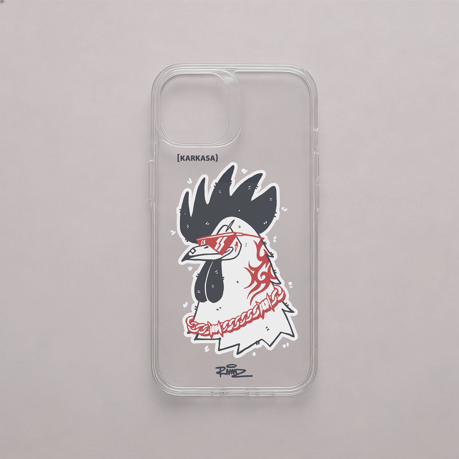 Funda de móvil transparente con el Galo de A Granxa, ilustración de RAMAZ con gafas de sol y cadena, de KARKASA.