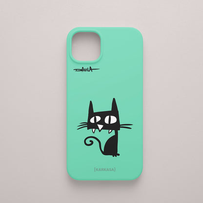 Funda verde menta con gato negro de ojos grandes. Serie humorística de O Bicheiro x KARKASA.