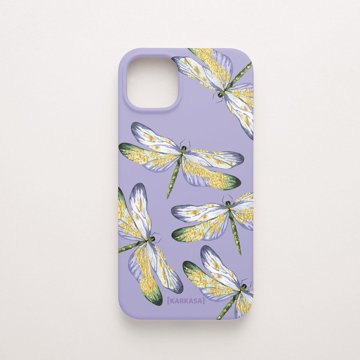 Funda KARKASA Silk Touch lila con estampado de libélulas doradas con alas detalladas. Carcasa estilo joyería botánica.