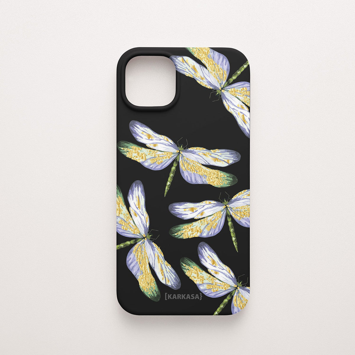 Funda KARKASA Silk Touch negra con estampado de libélulas doradas con alas detalladas. Carcasa estilo joyería botánica.