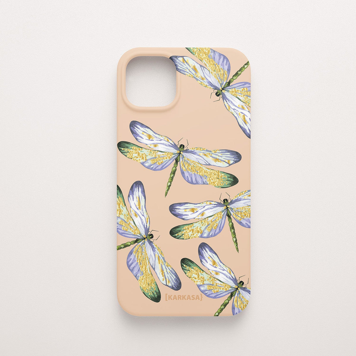 Funda KARKASA Silk Touch rosa nude con estampado de libélulas doradas con alas detalladas. Carcasa estilo joyería botánica.