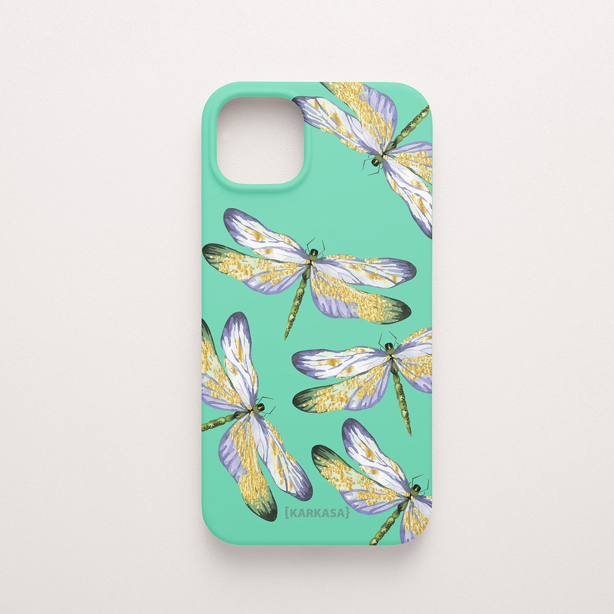 Funda KARKASA Silk Touch verde menta con estampado de libélulas doradas con alas detalladas. Carcasa estilo joyería botánica.