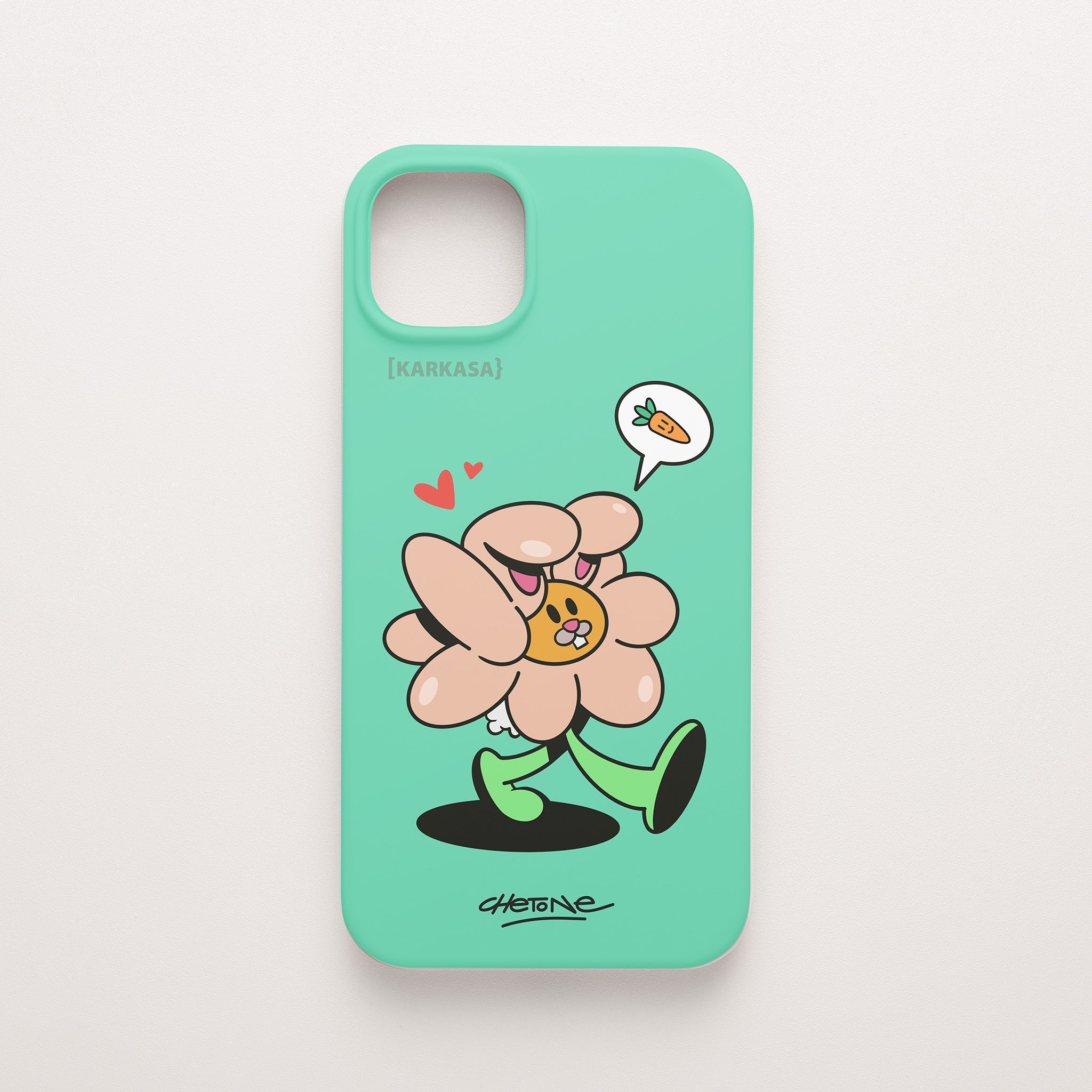 Funda de móvil de silicona verde menta con una flor rosa con orejas de conejo y corazones, diseño Good Bunny de Chetone Sánchez para KARKASA.