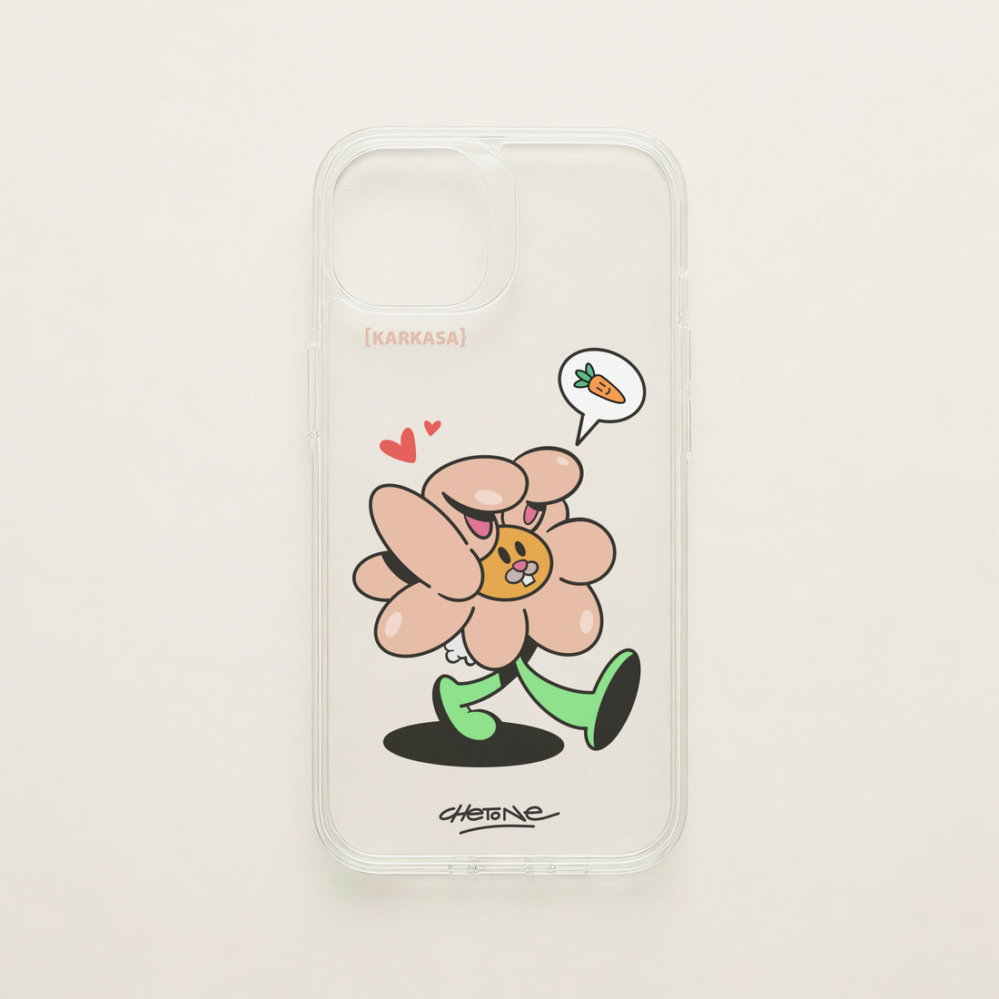 Funda de móvil transparente con una flor rosa con orejas de conejo y corazones, diseño Good Bunny de Chetone Sánchez para KARKASA.