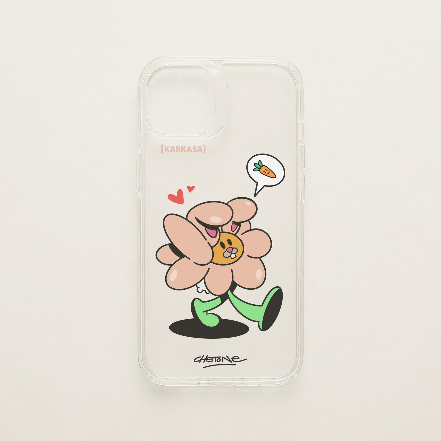 Funda de móvil transparente con una flor rosa con orejas de conejo y corazones, diseño Good Bunny de Chetone Sánchez para KARKASA.