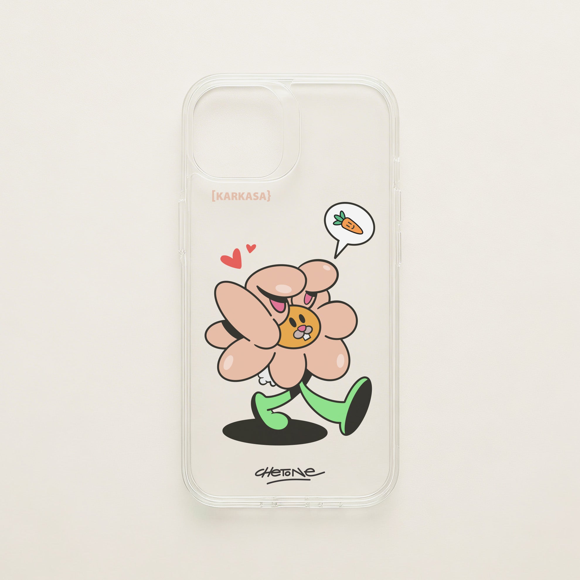 Funda de móvil transparente con una flor rosa con orejas de conejo y corazones, diseño Good Bunny de Chetone Sánchez para KARKASA.