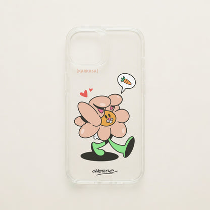Funda de móvil transparente con una flor rosa con orejas de conejo y corazones, diseño Good Bunny de Chetone Sánchez para KARKASA.