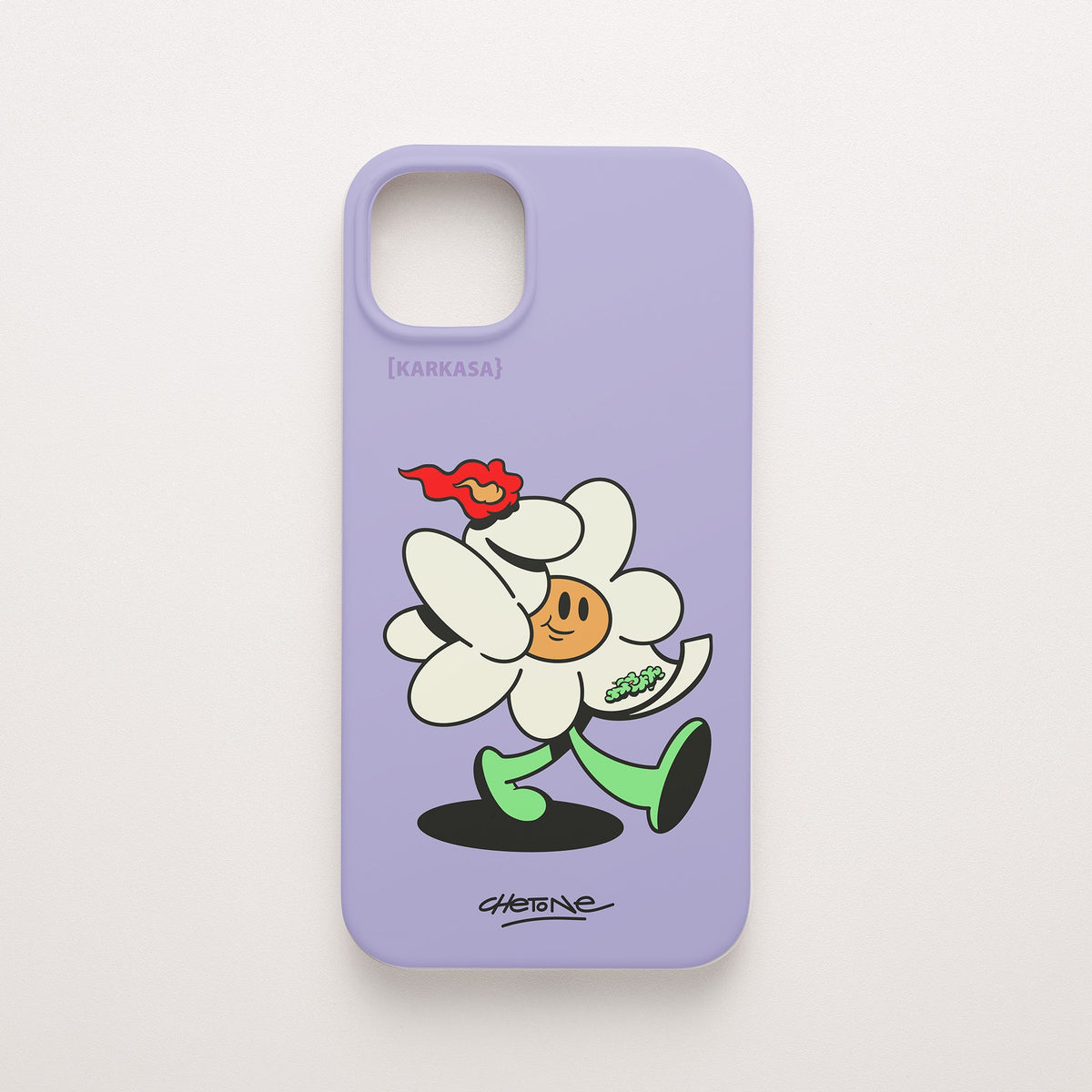 Funda de móvil de silicona lila con una flor blanca con una llama roja y brotes verdes, diseño Green Lover de Chetone Sánchez para KARKASA.