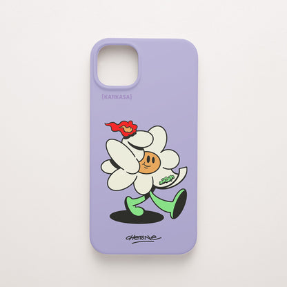Funda de móvil de silicona lila con una flor blanca con una llama roja y brotes verdes, diseño Green Lover de Chetone Sánchez para KARKASA.