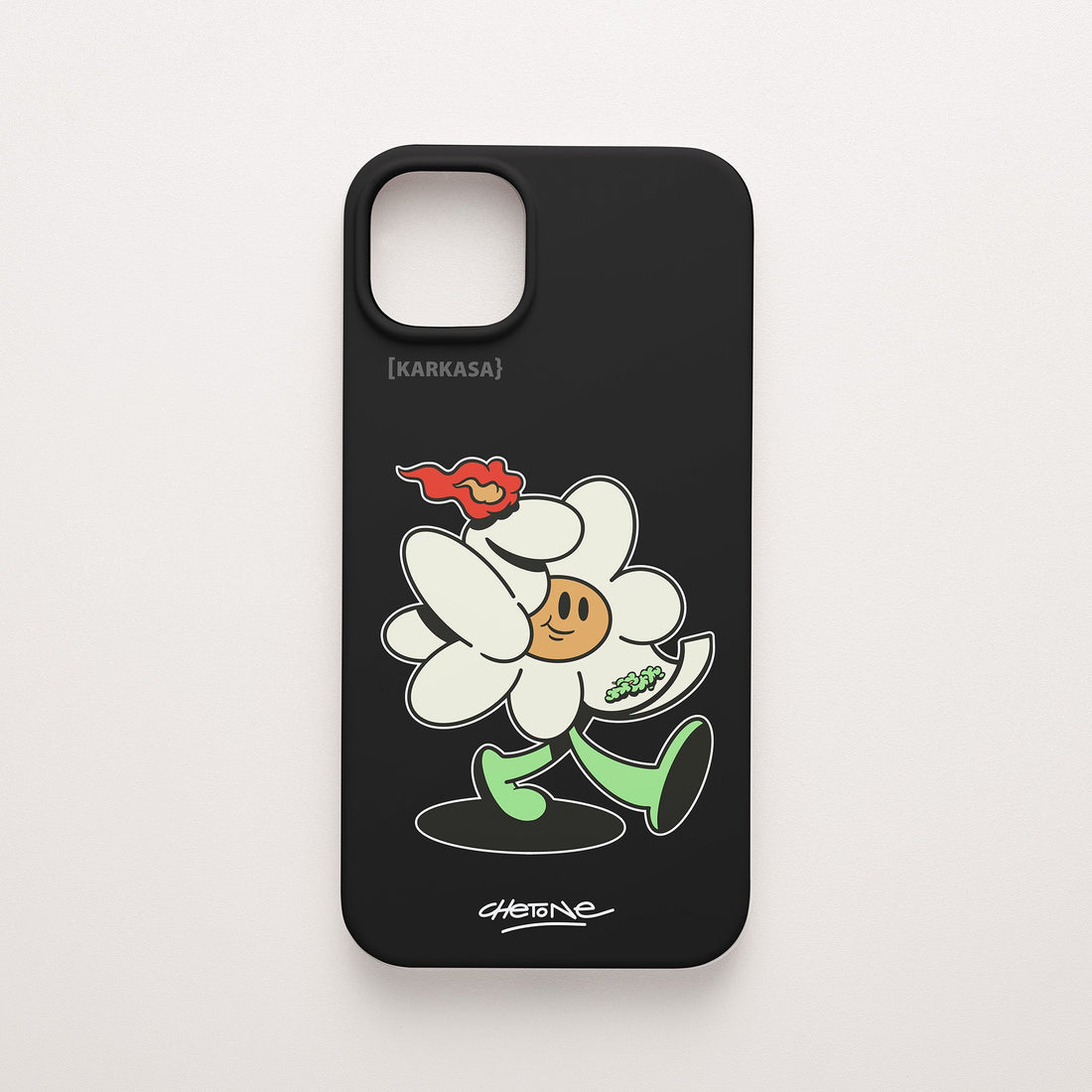 Funda de móvil de silicona negra con una flor blanca con una llama roja y brotes verdes perfilada en blanco, diseño Green Lover de Chetone Sánchez para KARKASA.