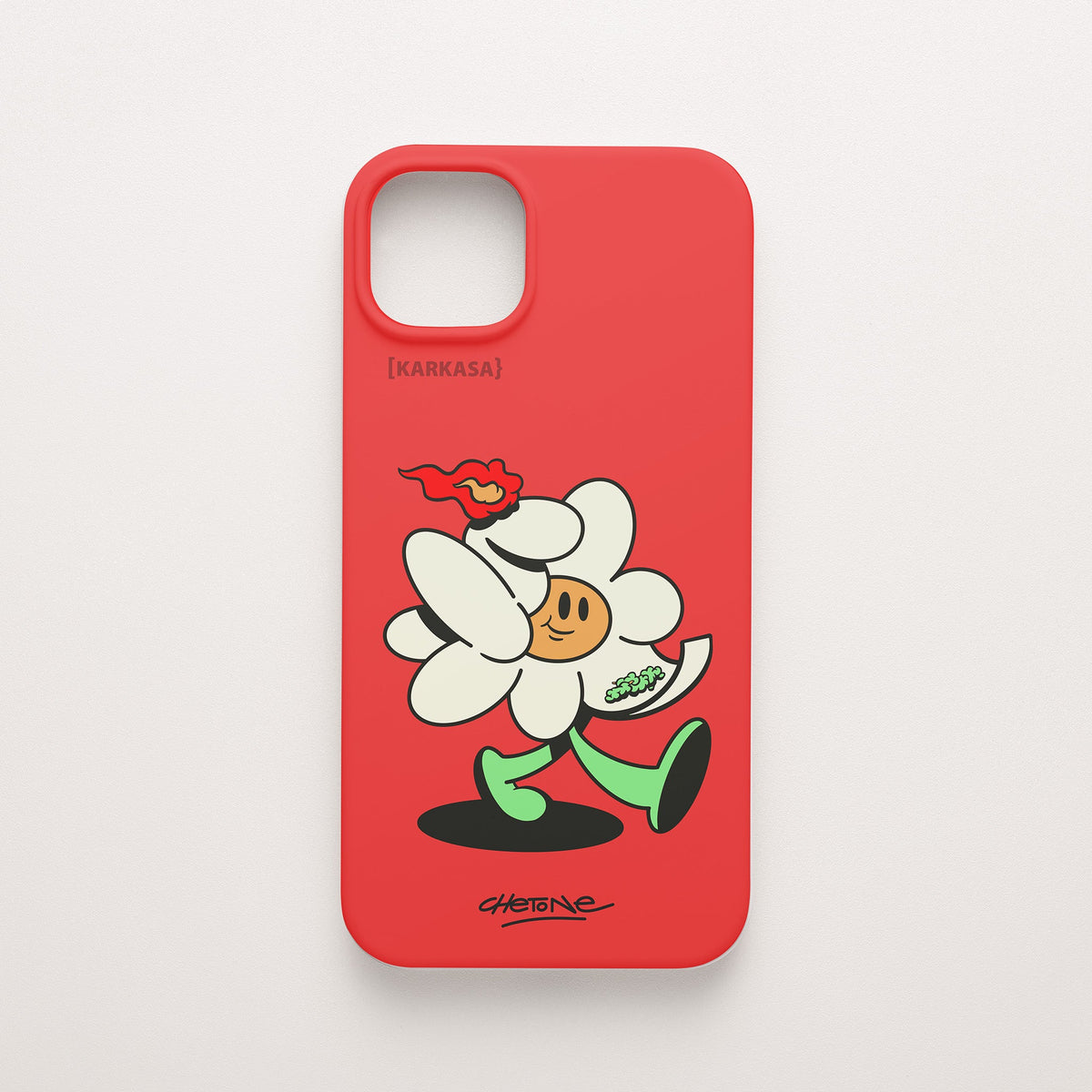 Funda de móvil de silicona roja con una flor blanca con una llama roja y brotes verdes, diseño Green Lover de Chetone Sánchez para KARKASA.