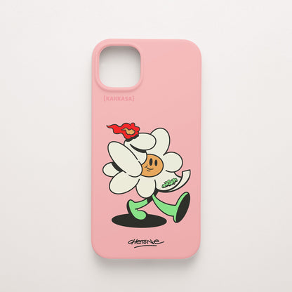 Funda de móvil de silicona rosa chicle con una flor blanca con una llama roja y brotes verdes, diseño Green Lover de Chetone Sánchez para KARKASA.