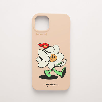 Funda de móvil de silicona rosa nude con una flor blanca con una llama roja y brotes verdes, diseño Green Lover de Chetone Sánchez para KARKASA.