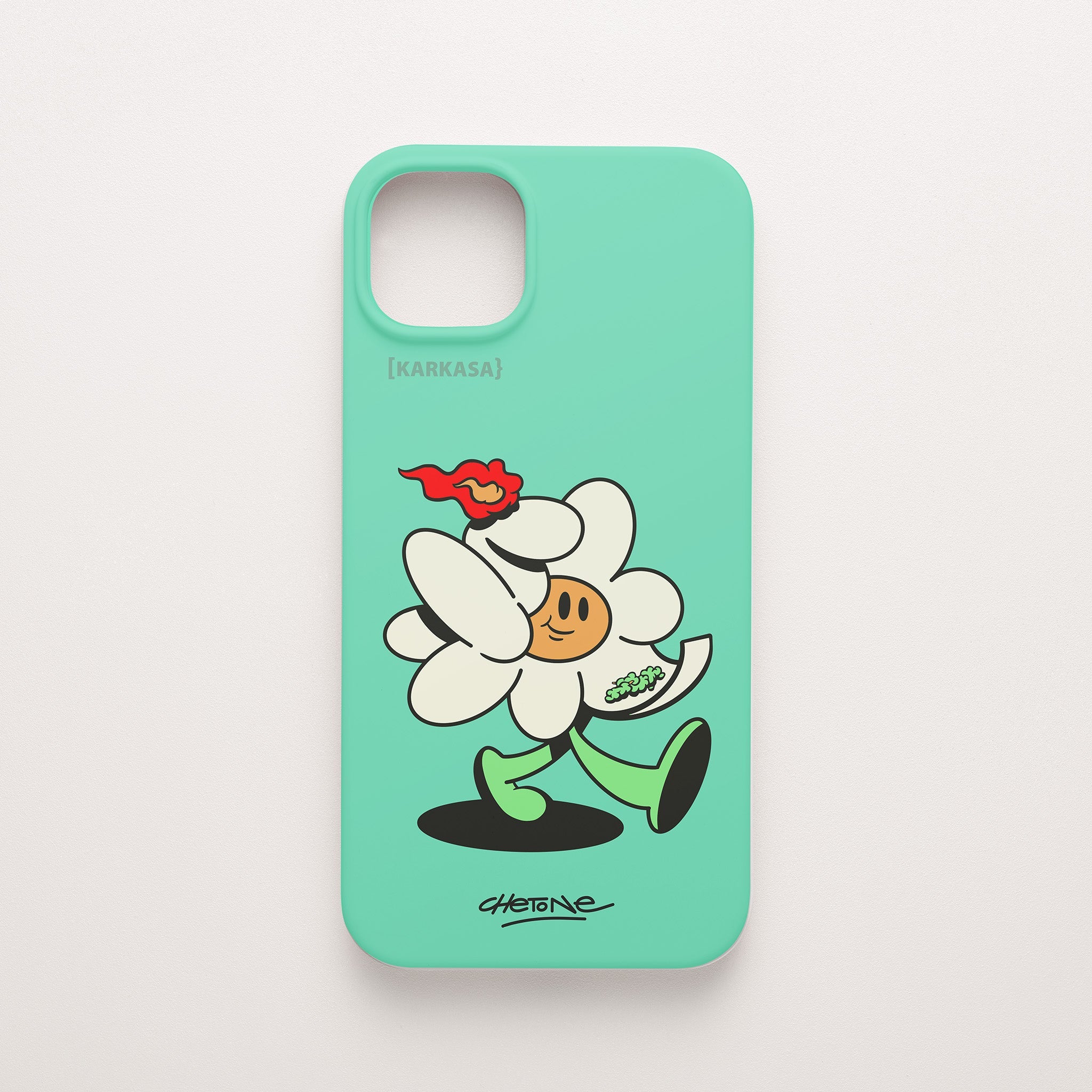 Funda de móvil de silicona verde menta con una flor blanca con una llama roja y brotes verdes, diseño Green Lover de Chetone Sánchez para KARKASA.