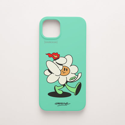 Funda de móvil de silicona verde menta con una flor blanca con una llama roja y brotes verdes, diseño Green Lover de Chetone Sánchez para KARKASA.