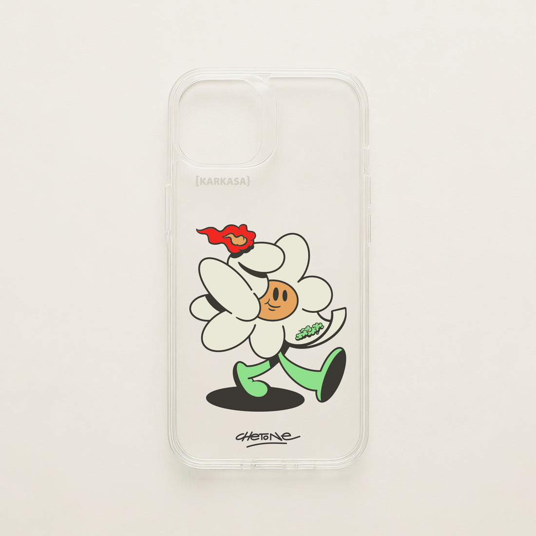 Funda de móvil transparente con una flor blanca con una llama roja y brotes verdes, diseño Green Lover de Chetone Sánchez para KARKASA.