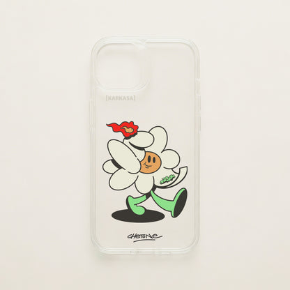 Funda de móvil transparente con una flor blanca con una llama roja y brotes verdes, diseño Green Lover de Chetone Sánchez para KARKASA.