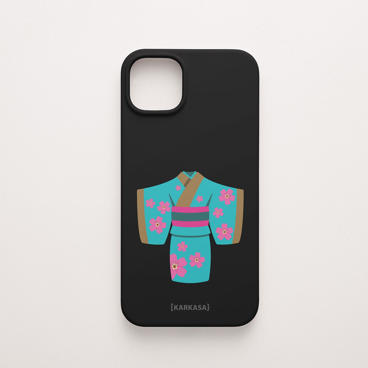 Funda KARKASA Silk Touch negra con ilustración artística de un kimono japonés turquesa con flores de cerezo. Carcasa de estilo oriental.