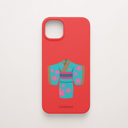 Funda KARKASA Silk Touch roja con ilustración artística de un kimono japonés turquesa con flores de cerezo. Carcasa de estilo oriental.