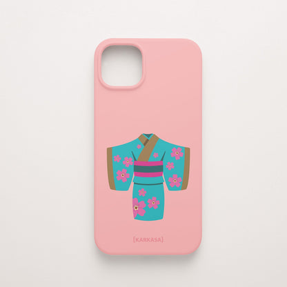 Funda KARKASA Silk Touch rosa chicle con ilustración artística de un kimono japonés turquesa con flores de cerezo. Carcasa de estilo oriental.
