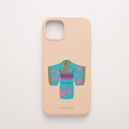 Funda KARKASA Silk Touch rosa nude con ilustración artística de un kimono japonés turquesa con flores de cerezo. Carcasa de estilo oriental.