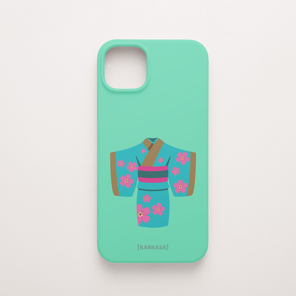 Funda KARKASA Silk Touch verde menta con ilustración artística de un kimono japonés turquesa con flores de cerezo. Carcasa de estilo oriental.