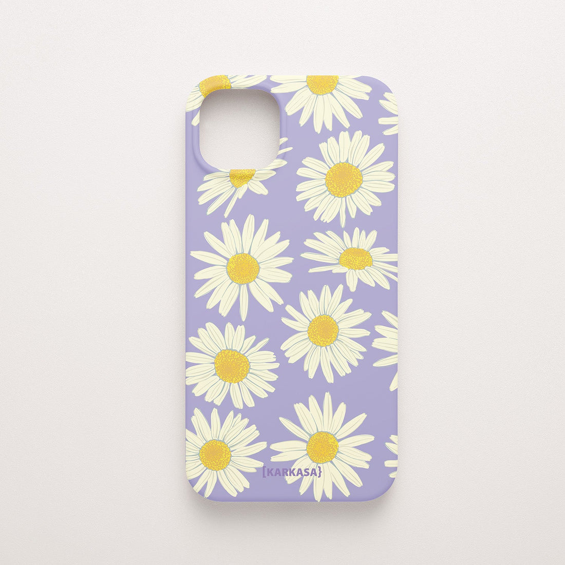 Funda KARKASA Silk Touch lila con estampado grande de margaritas blancas y amarillas. Carcasa de silicona estilo retro floral.