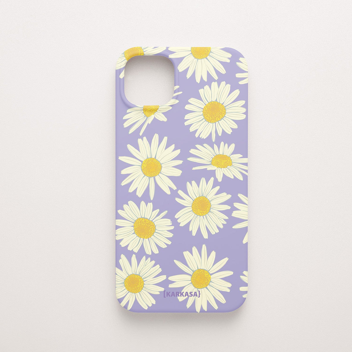 Funda KARKASA Silk Touch lila con estampado grande de margaritas blancas y amarillas. Carcasa de silicona estilo retro floral.