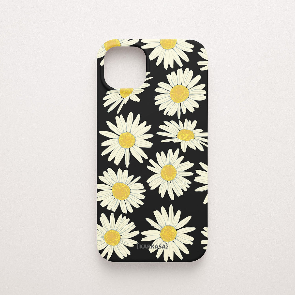 Funda KARKASA Silk Touch negra con estampado grande de margaritas blancas y amarillas. Carcasa de silicona estilo retro floral.