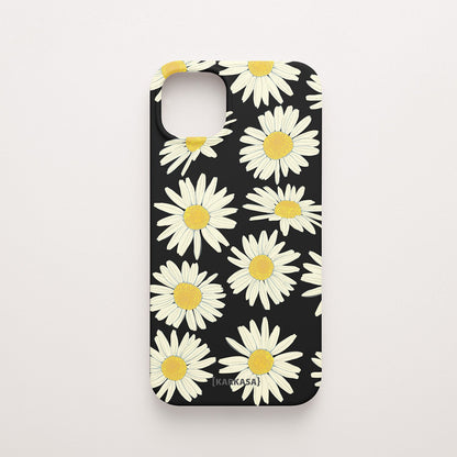 Funda KARKASA Silk Touch negra con estampado grande de margaritas blancas y amarillas. Carcasa de silicona estilo retro floral.