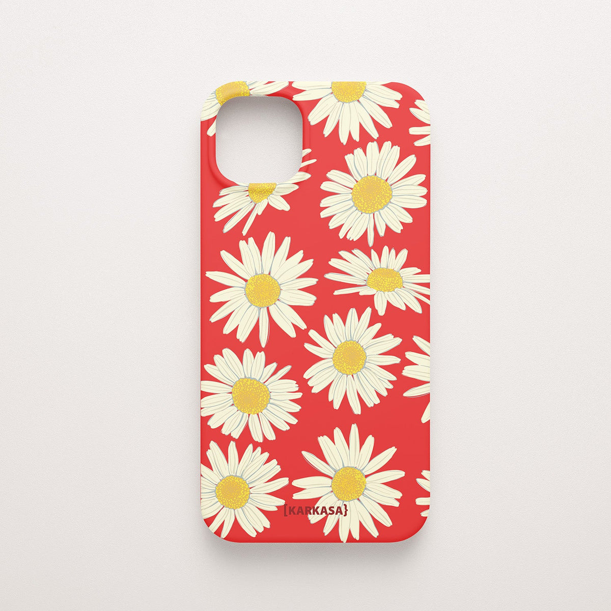 Funda KARKASA Silk Touch roja con estampado grande de margaritas blancas y amarillas. Carcasa de silicona estilo retro floral.