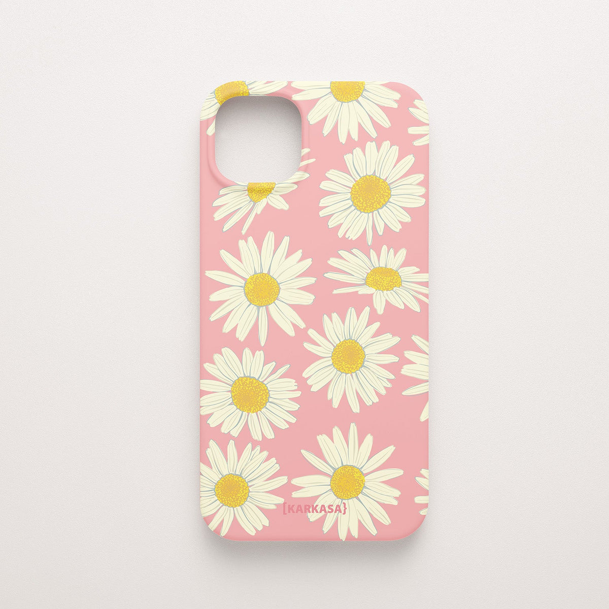 Funda KARKASA Silk Touch rosa chicle con estampado grande de margaritas blancas y amarillas. Carcasa de silicona estilo retro floral.