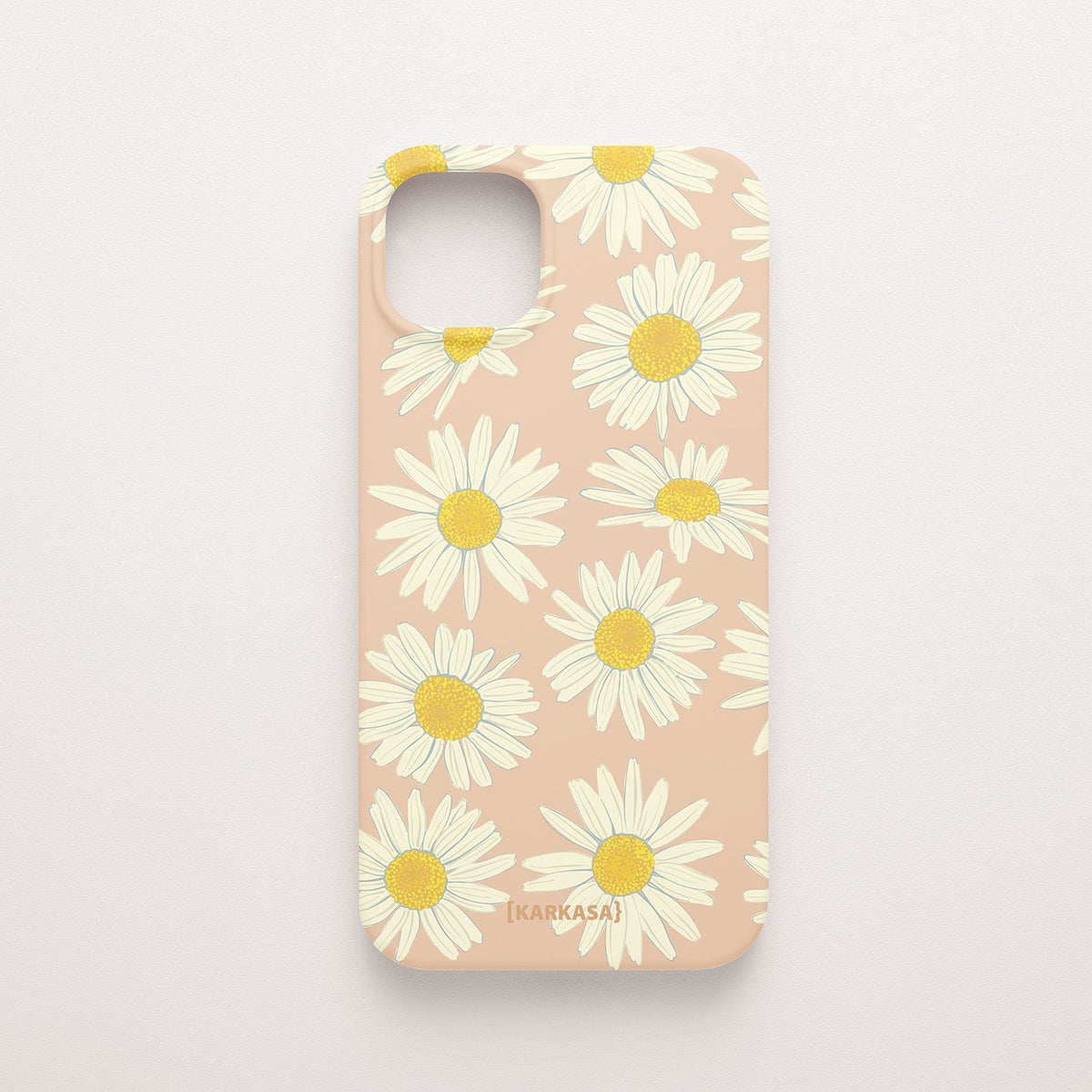 Funda KARKASA Silk Touch rosa nude con estampado grande de margaritas blancas y amarillas. Carcasa de silicona estilo retro floral.