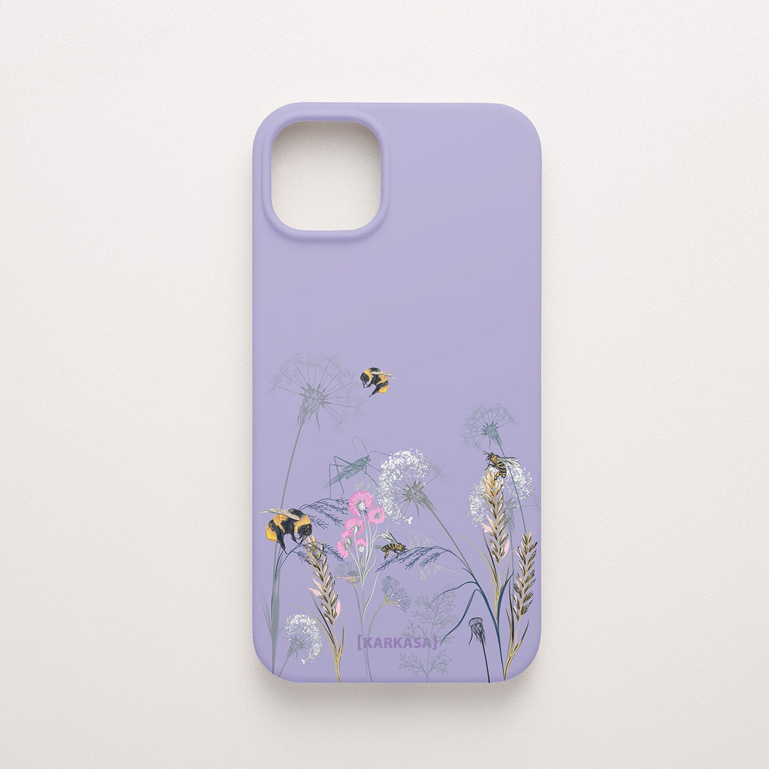 Funda KARKASA Silk Touch lila con ilustración fina de dientes de león, flores silvestres, abejas y saltamontes. Carcasa diseño prado.