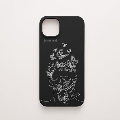 Funda de móvil KARKASA con diseño lineal blanco de silueta de mujer y mariposas, en silicona mate Silk Touch negra.