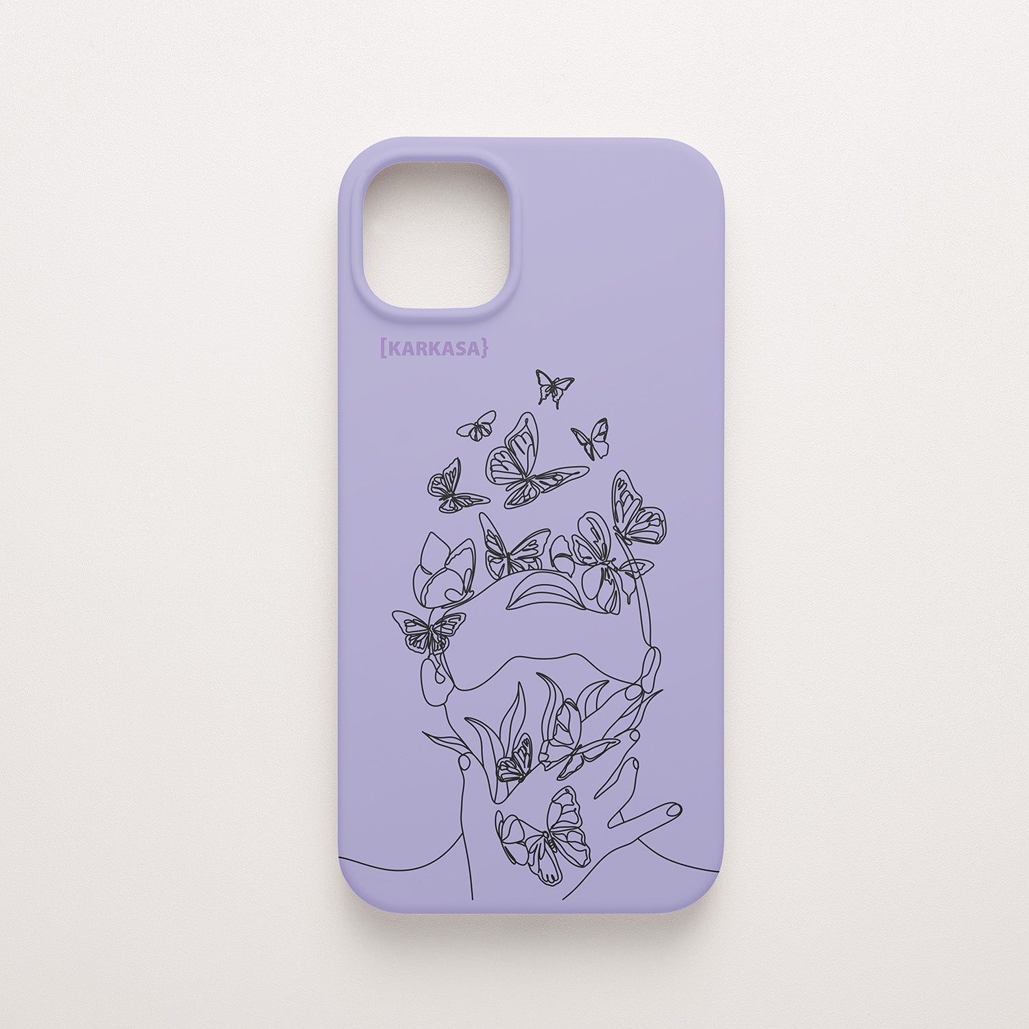 Funda de móvil KARKASA con diseño lineal negro de silueta de mujer y mariposas, en silicona mate Silk Touch lila.