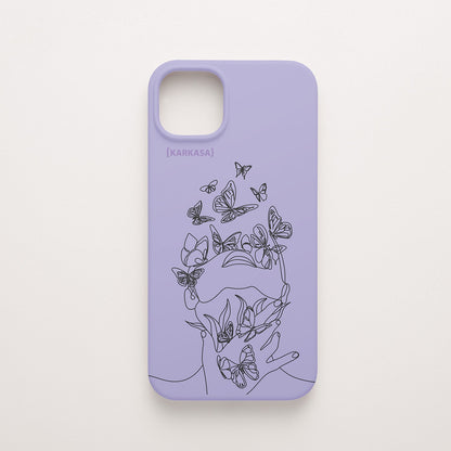 Funda de móvil KARKASA con diseño lineal negro de silueta de mujer y mariposas, en silicona mate Silk Touch lila.