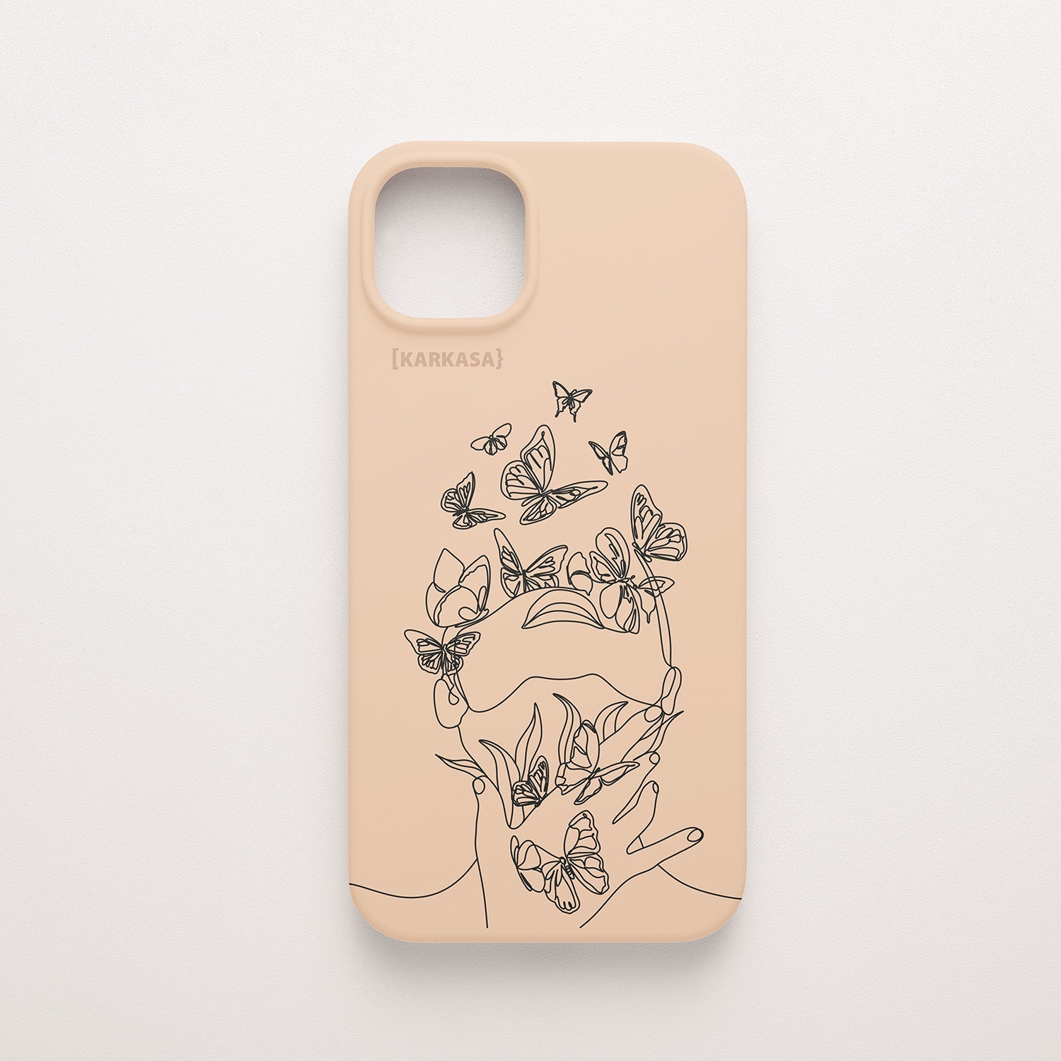 Funda de móvil KARKASA con diseño lineal negro de silueta de mujer y mariposas, en silicona mate Silk Touch rosa nude.