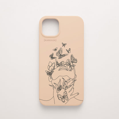 Funda de móvil KARKASA con diseño lineal negro de silueta de mujer y mariposas, en silicona mate Silk Touch rosa nude.
