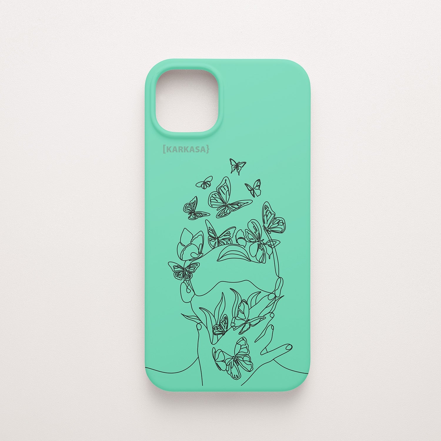 Funda de móvil KARKASA con diseño lineal negro de silueta de mujer y mariposas, en silicona mate Silk Touch verde menta.