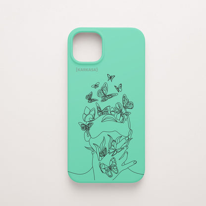 Funda de móvil KARKASA con diseño lineal negro de silueta de mujer y mariposas, en silicona mate Silk Touch verde menta.