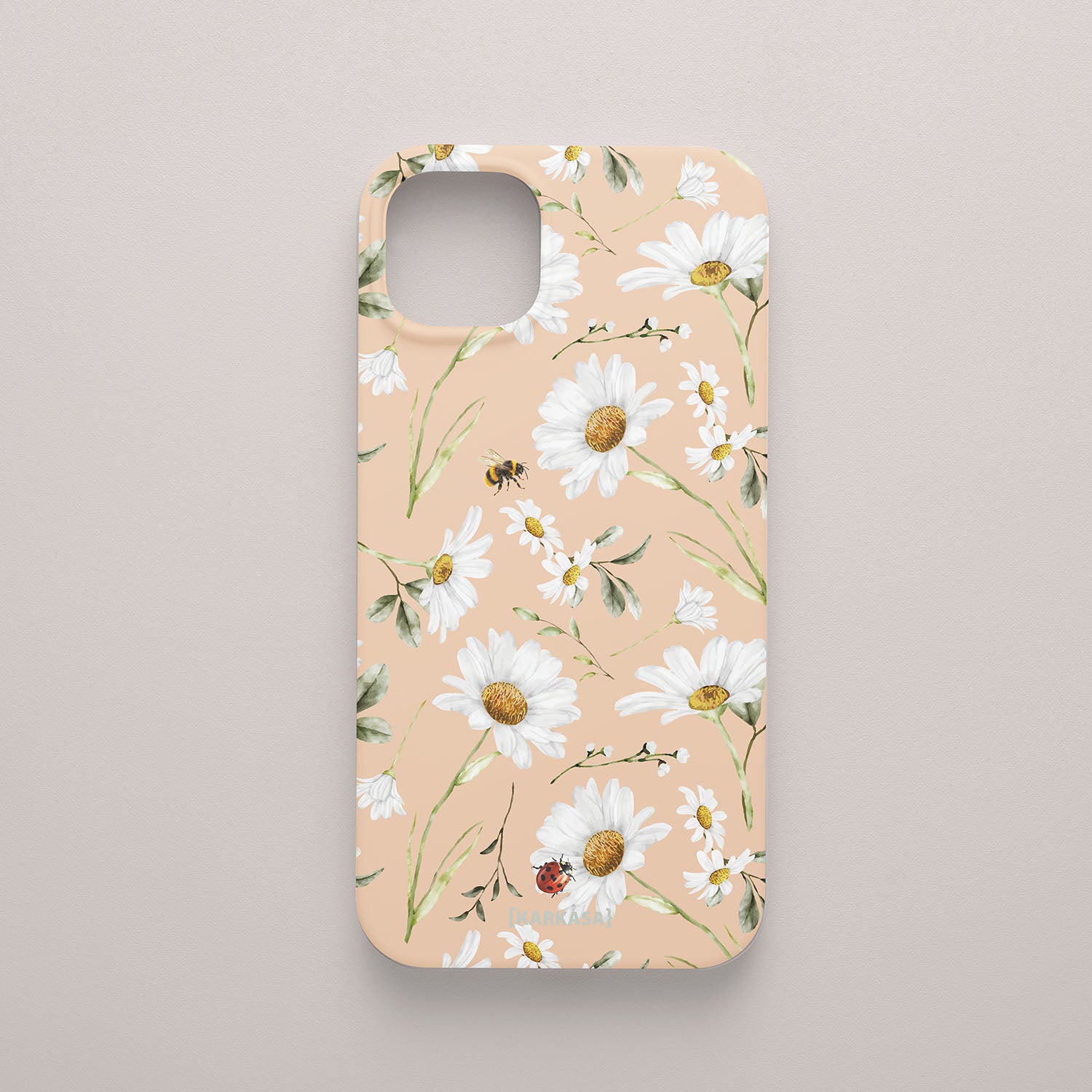 Funda móvil Miel y Pétalos KARKASA en Silk Touch rosa nude con diseño floral de margaritas, abeja y mariquita