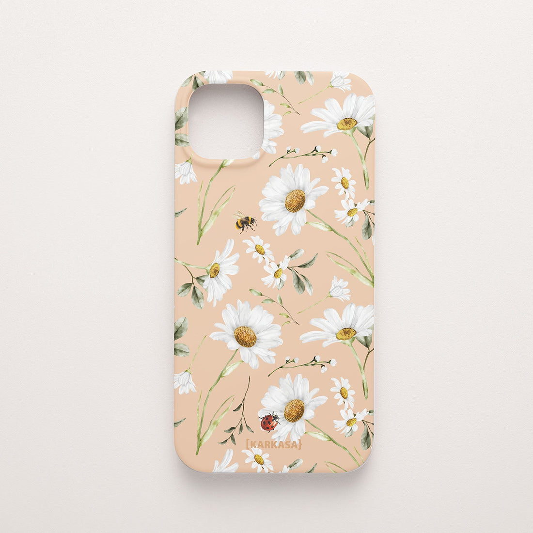 Funda móvil Miel y Pétalos KARKASA en Silk Touch rosa nude con diseño floral de margaritas, abeja y mariquita.