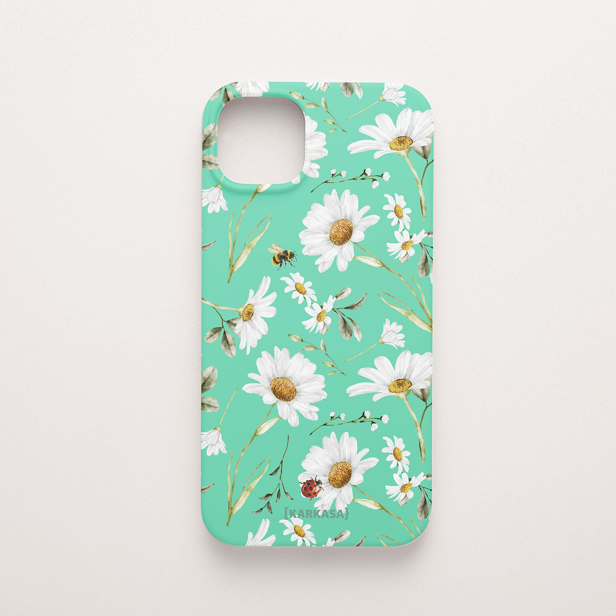 Funda móvil Miel y Pétalos KARKASA en Silk Touch verde menta con diseño floral de margaritas, abeja y mariquita.