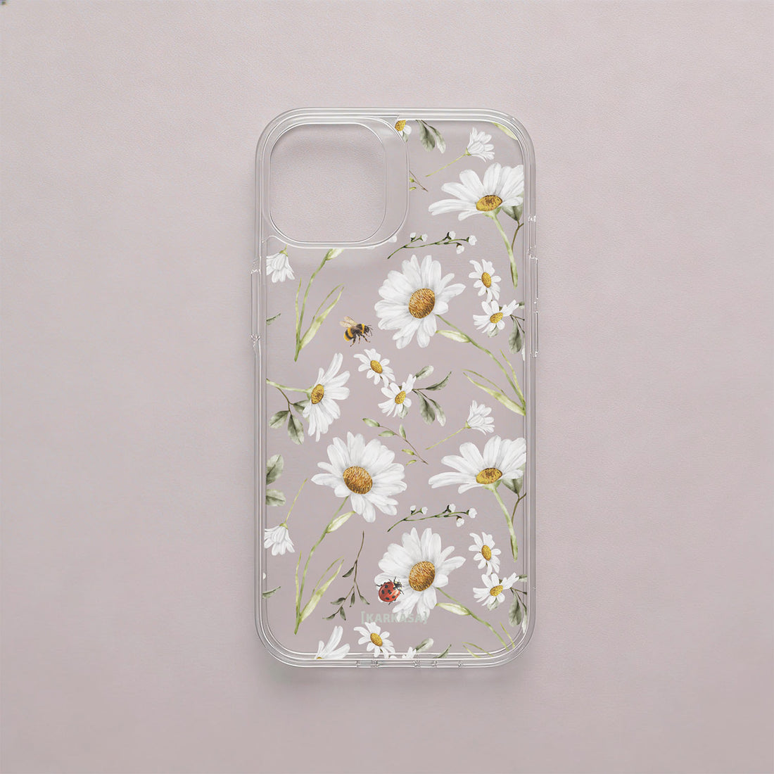 Funda móvil Miel y Pétalos KARKASA en Crystal Shield transparente antigolpes con diseño floral de margaritas, abeja y mariquita