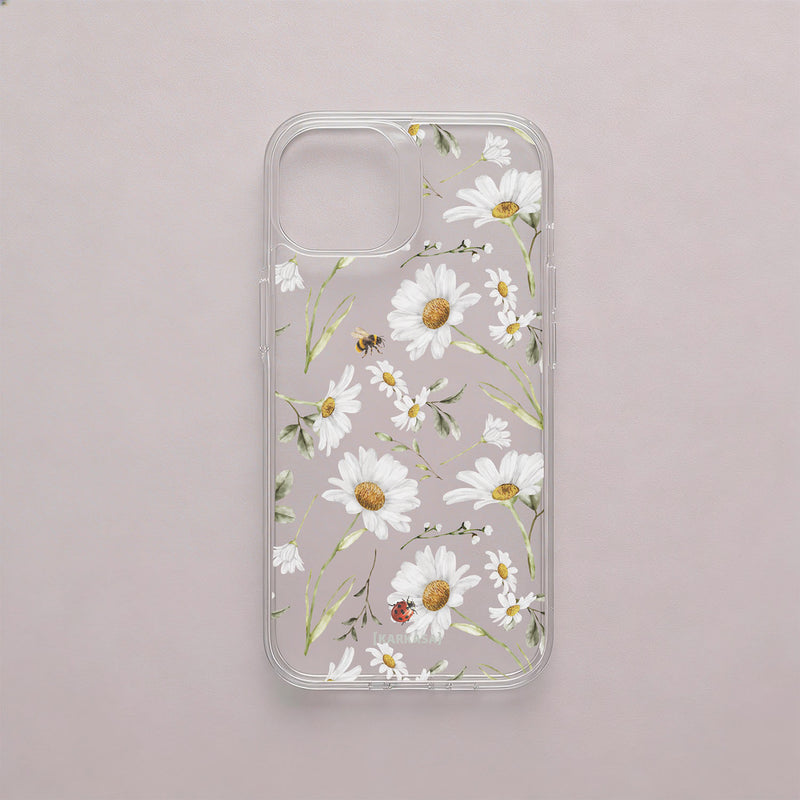 Funda móvil Miel y Pétalos KARKASA en Crystal Shield transparente antigolpes con diseño floral de margaritas, abeja y mariquita
